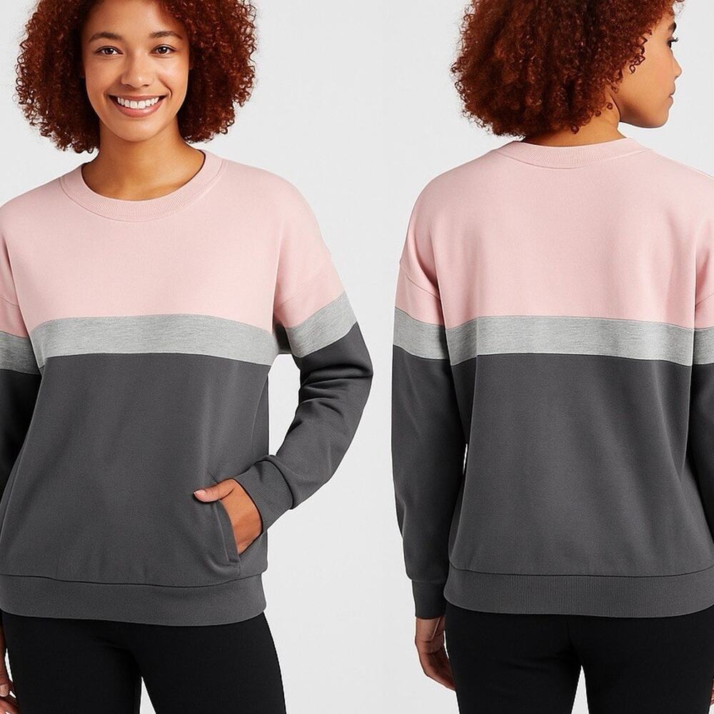 Women’s Colorblock Pullover Sweatshirt Gray Pink Crewneck Medium